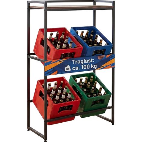 Relaxdays Getränkekistenregal, 4 Kisten, HxBxT: 117 x 74 x 32 cm, Ablage, Industrial Getränkekistenhalter, braun/schwarz