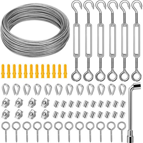 Kit de cuerda colgante de acero inoxidable, cable de acero inoxidable recubierto de PVC de 35 m/3 mm con tensor y gancho M5, cable para colgar cuadros en exteriores, tendedero y plantas trepadoras.
