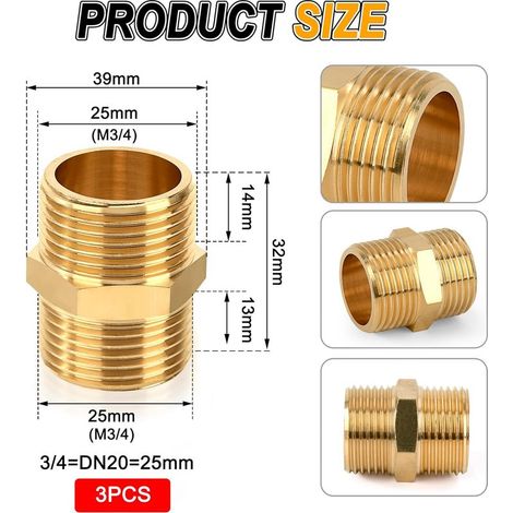 3/4" Mâle à 3/4" Mâle Filetage Connecteur de Mamelon Hexagonal en Laiton Double Mâle pour la Conversion de Raccordement de Tuyau (3 Pièces) (1/5)