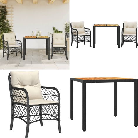 3-tlg. Bistro-Set mit Kissen Schwarz Poly Rattan - Bistro-Set - Rattanmöbel (1/5)