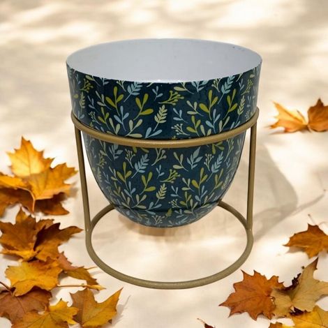 Small Leafs Print Design Planter in Stand - L13 x W13 x H13 cm - Blue/Green