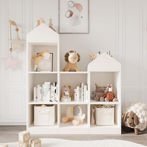 Meuble rangement jouets 7 casiers en bois blanc, bibliothèque enfant forme maison de jeu, pour salle de jeux et chambre (1/5)