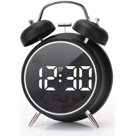 Réveil LED noir à double sonnerie de 4,5 pouces, alarme puissante pour les gros dormeurs, alimentation USB/piles, avec veilleuse, affichage de la date et de la température (1/5)