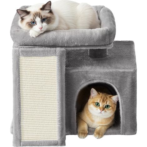 Arbre à Chat avec Planche à Griffer, 2 Couchages, 48 cm de Haut, Gris (1/5)