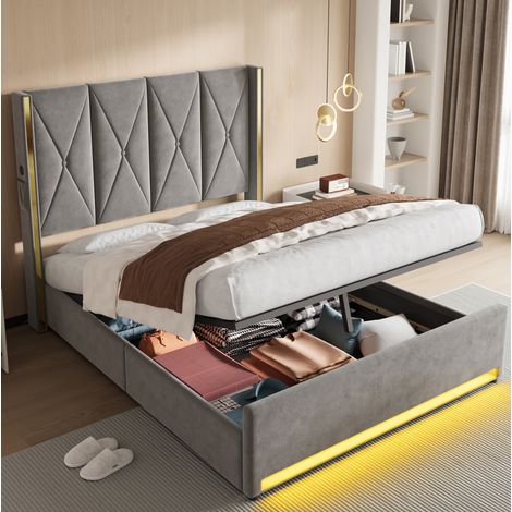 Lit coffre moderne en velours gris foncé 160x200 cm avec tête de lit haute capitonnée, USB-C, LED et sommier relevable