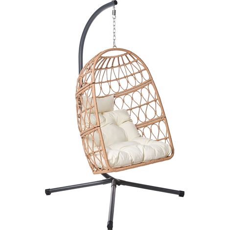Swing Egg Chair Natural PE Rattan Metal Stand Soft Sitting Cushion Boho Rustic Living Room Terrace Garden MONTALCINO