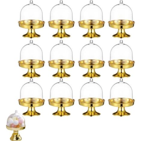 12 teilig Mini Cupcake Ständer aus Kunststoff mit gewölbtem Deckel Mini Kuchenplattenständer goldfarbener, transparenter kleiner Kuchenhalter für