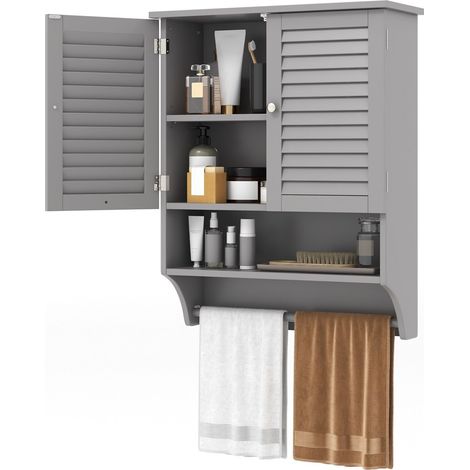 Wall-mounted Bathroom Cabinet Double Door Storage Medicine Cabinet W/ Towel Bar (1/5)