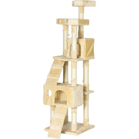 Arbre à chat à griffer, 173 cm, tour d'escalade avec 2 niches, 3 couchages, 2 rampes, poteaux en sisal, 2 souris suspendues, beige (1/5)