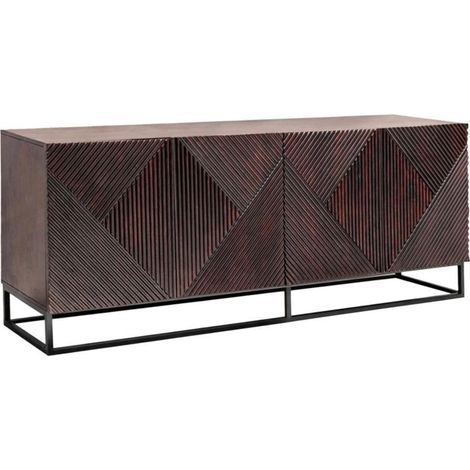 Buffet KARMY 177 cm en bois de manguier massif – 4 portes sculptées et métal noir (1/5)