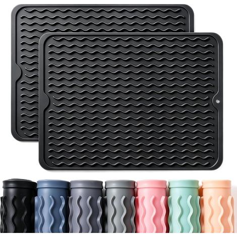 Ulisem – Abtropfmatte – Silikon – 2er-Set – 30 x 40 cm – Hitzebeständig – Wasserdicht – Rutschfest – Für Tassen und Besteck – Mit Aufhängelöchern – Schwarz (1/5)