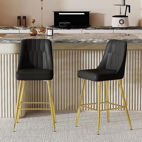 Tabouret de bar - KOMHTOM - 100 cm - Cuir PU noir - Dossier & repose-pieds - Structure métal solide (1/5)