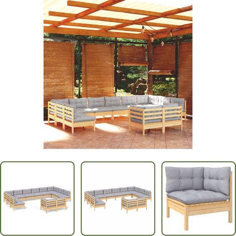 Terrassensofa - 12-tlg. Garten-Lounge-Set mit Grauen Kissen Kiefer Massivholz (1/5)