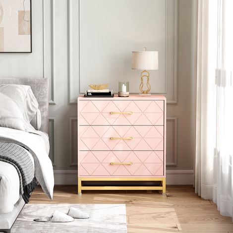 Commode 3 tiroirs moderne en bois - poignées dorées, chambre, salon, entrée