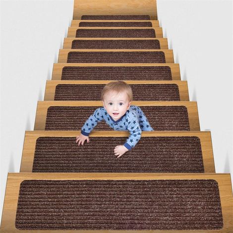 5 pcs, Tapis antidérapants autocollants pour escaliers 76cm20cm,Tapis antidérapant PVC, marche auto-adhésive sans colle, réutilisable, marron (1/5)