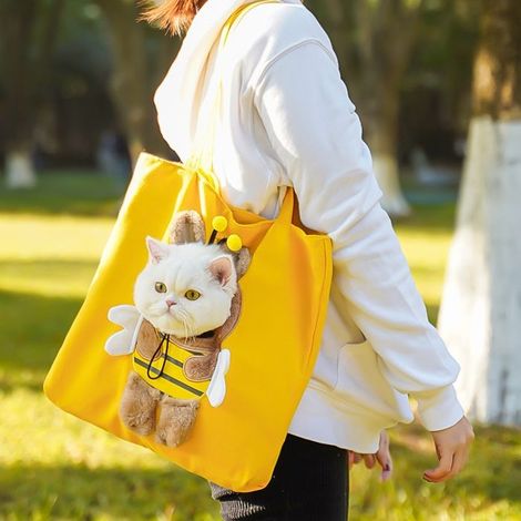 Sac de transport pour animaux à bandoulière et poignée motif abeille adapté aux petits chiens et chats couleurs jaune taille L
