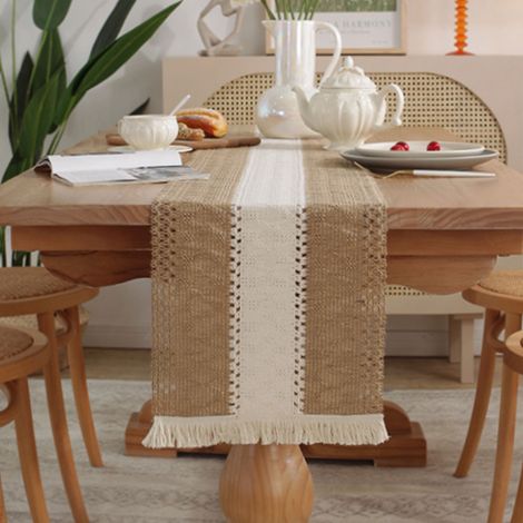 Serviette De Table En Lin-Coton - 12 X 70 Pouces - Style Ferme Rustique Bohème - Finitions À Pompons - 1 Pièce (1/5)