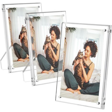 Ensemble de 3 cadres photo en acrylique avec support, cadre magnétique, sans cadre, transparent, flottant, idéal pour décorer un bureau. (1/4)