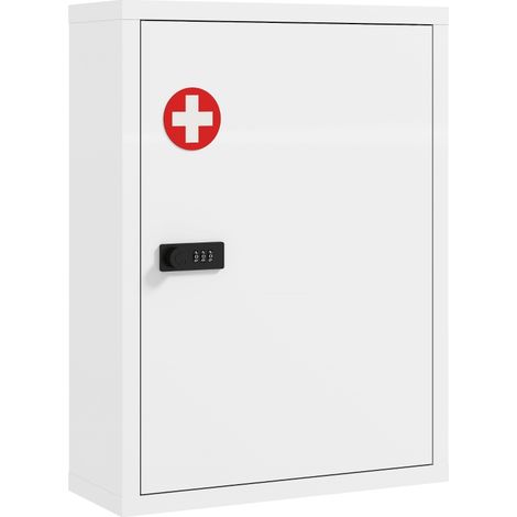 Botiquín de pared, armario de baño con cerradura de combinación, puerta y compartimentos de almacenamiento, blanco. (1/5)