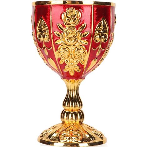 Calice doré de 10 cm de haut, en alliage de zinc, design rétro en relief avec imprimé floral, verre élégant pour les fêtes, les banquets et les bars, couleur rouge. (1/5)