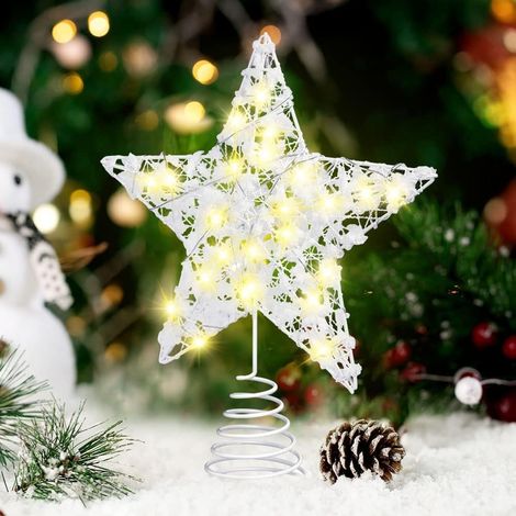Christbaumspitze, Christbaumkranz mit weißer Schneeflocke, leuchtendes Pentagramm mit 20 Mini-Lichtern, Weihnachtsdeko (Größe S, 23 x 18 cm) (1/5)
