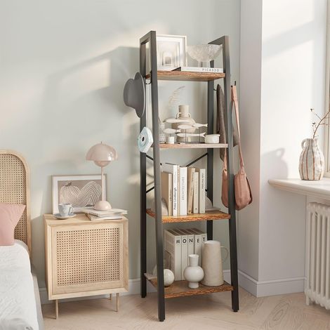 Étagère Échelle, Hauteur 125CM Bibliothèque Industrielle à 4 Niveaux, Étagère de Rangement, Étagère à Livres avec Cadre en Métal, pour Salon, Cuisine, Marron Rustique HBC024H (1/5)