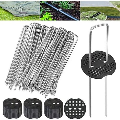 50 Pièces Piquets de Jardin avec 50 Rondelles Piquet de Fixation U-Forme Sardines de Fixation Bache Fixation Galvanisés Ancrages au Sol pour Toiles de paillage (15x3cm) (1/5)
