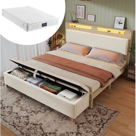 FLORAGRACE Letto matrimoniale 160x200 cm in legno beige con panca contenitore, testiera con LED, con materasso incluso (1/5)
