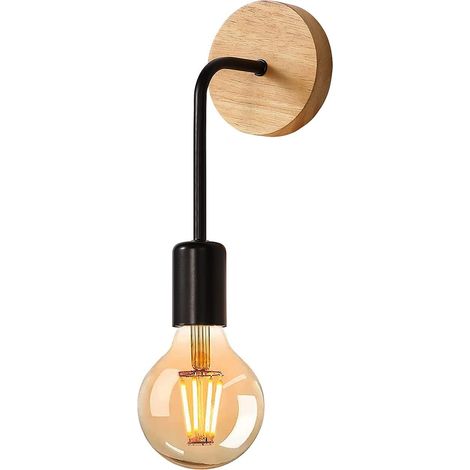 Aplique de Pared Vintage Madera , Negro Ajustable Lámpara de Pared E27 Sin Bombillas para Dormitorio, Escalera, Pasillo (1/4)