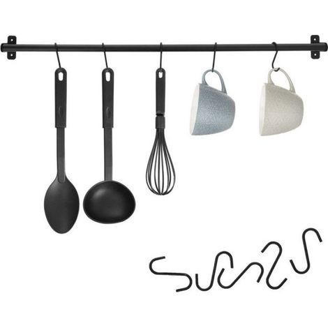 Tringle De Cuisine - 78,5 Cm - Métal Noir - 5 Crochets Ajustables - Pour Ustensiles De Cuisine - 1 Pièce (1/5)