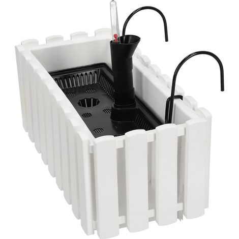 Maceta para balcón o terraza con sistema de riego y ganchos, color blanco, 40 cm.