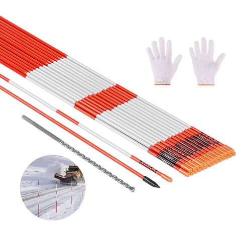 Marqueurs d'Allée Lot de 200 Piquets à Neige 8 x 1220 mm Fibre de Verre Réflecteurs Grande Visibilité Bande Réfléchissante, avec Foret en Acier 30 cm, Gants de Protection, pour Parkings, Allées (1/5)