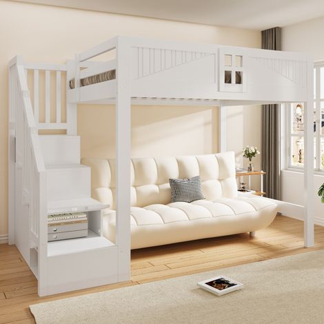 Lit mezzanine 140x200 cm avec rangement, échelle réversible, gain de place, structure en bois pour chambre - blanc (1/5)