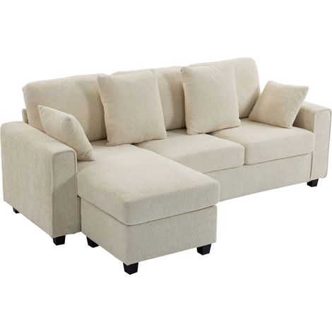 Canapé d'angle avec chaise longue réversible, canapé 3 places aspect velours, assise large et profonde, coussins à ressorts, couleur beige