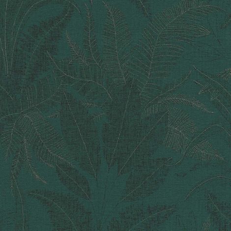 Papier peint floral effet métallique Tapisserie nature feuillage vert sapin aspect lin Papier peint jungle idéal pour chambre & salon (1/4)