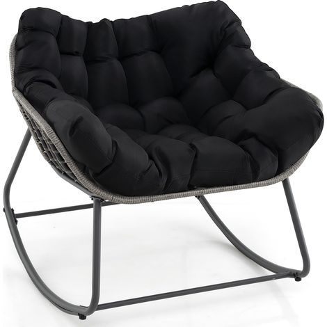 COSTWAY Sedia a Dondolo da Esterno, Poltrona in PE Vimini con Cuscino Rimovibile, Poltrona Relax in Rattan con Struttura in Metallo, per Soggiorno, Balcone, Giardino, Portata 150 kg (Nero) (1/5)