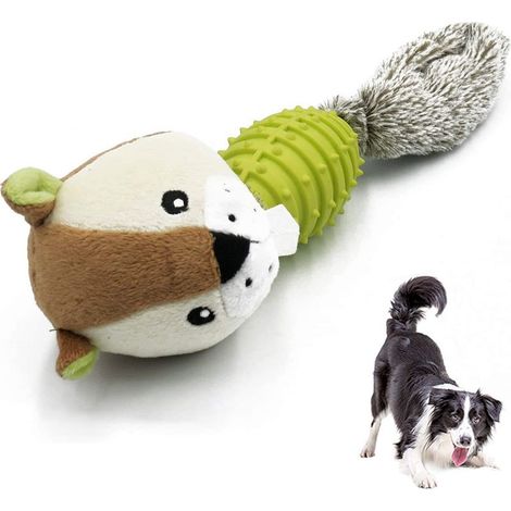 Ce jouet interactif pour chien est fabriqué en TPR et en peluche, émet un couinement et est durable et résistant aux mâchouillages. (1/4)