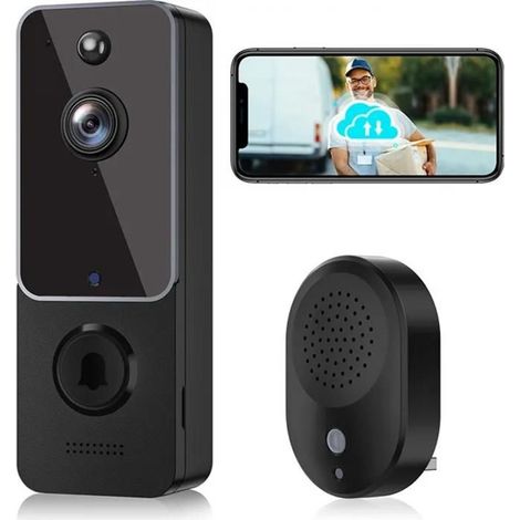 Sonnette vidéo sans fil avec caméra HD 1080p, vidéo WiFi, vision nocturne et communication bidirectionnelle, blanche. (1/4)