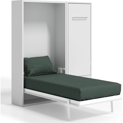 Lit escamotable vertical 80x190 avec armoire et bureau Kampo-Coffrage Blanc-Façade Blanche (1/5)