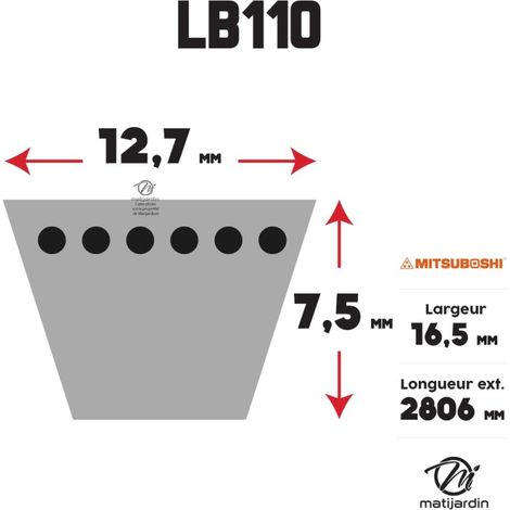 Courroie tondeuse Mitsuboshi LB110 trapézoïdale  16,5 x 2806 mm (1/4)