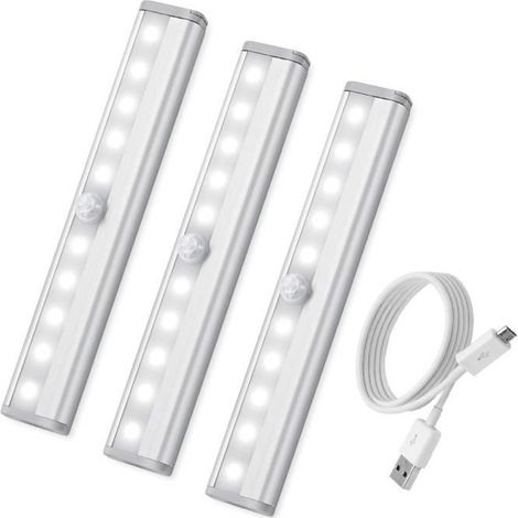 Letouch 3 PCS Lampe de Placard, LED placard détecteur de movement USB rechargeable pour Armoire, Escalier（Lumière blanche） (1/4)