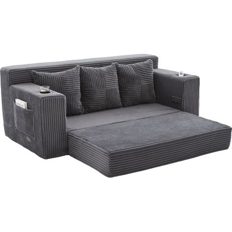 Sofá modular de 3 plazas de pana gris con portavasos y bolsillos laterales (1/5)