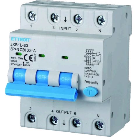 Ettroit – Interrupteur différentiel magnétique 3P+N 20A 30mA 415V 6000A – Protection contre surcharges et courts-circuits – JX262061
