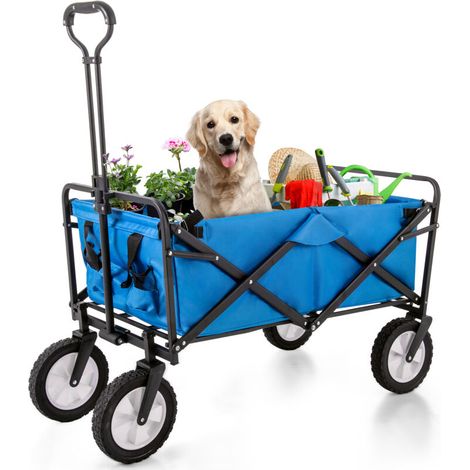 Chariot de jardin pliable tout-terrain extérieur avec poignées réglables, sac en tissu et la roue avant de rotation à 360°, pour jardinage, camping, shopping etc, bleu (1/5)