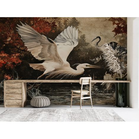 Papier peint animaux aigrettes blanches au bord de leau style estampe - 150 x 250 cm (1/2)