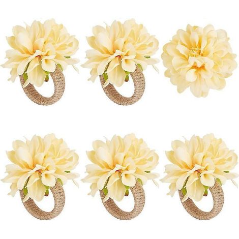 Lot de 6 ronds de serviette de table en forme de fleur artificielle jaune, avec boucle en corde de jute et cordon bionique, pour un mariage ou un dîner.-AquaForge (1/5)