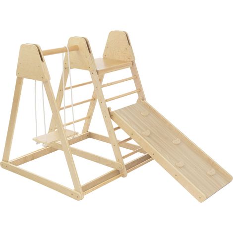 Joyz 3 en 1 Ensemble d'Escalade Indoor avec 2x Échelle, Planche à Grimper/Glisse et Balançoire, Jouet Triangle Escalade en Bois, 121x127x112cm, Aire de Jeux Multifonctionnel, Enfants à Partir de 3 Ans