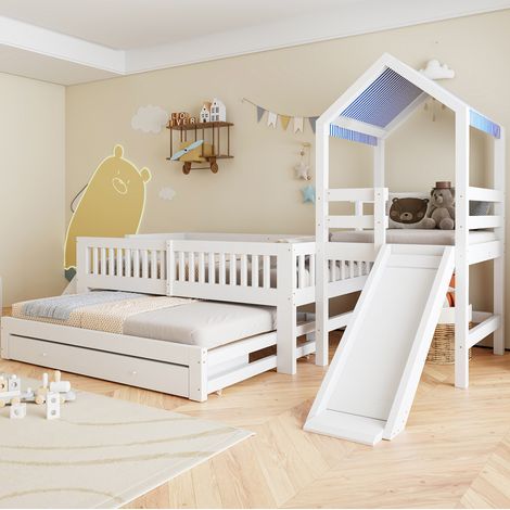 Lit superposé 90x200 cm avec tiroir gigogne et toboggan, en bois, blanc, sans matelas (1/4)