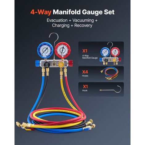 Lot collecteur manométrique AC R22 R404A R410A R12, 4 voies avec tuyaux 1.5 m pour entretien climatisation auto et maison, vidange aspiration charge dépannage (1/5)