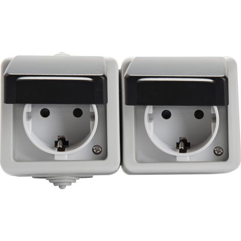Doppia presa SCHUKO muro - IP54 - Protezione bambini - Grigio - 2x16A (1/2)